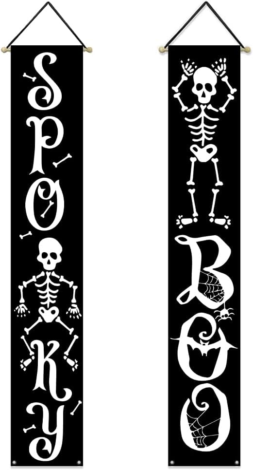 Flags - CROWNED BEAUTY Halloween Porch Banner Sign Spooky Boo Welcome 12x70 Inch Indoor Outdoor Holiday Hanging Front Door Farmhouse Wall Decoration CS080-12