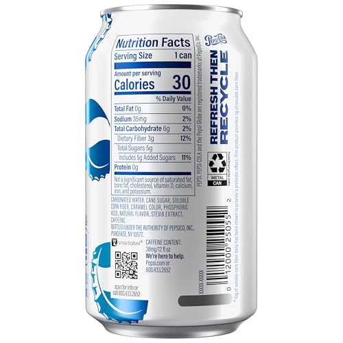 PEPSI PREBIOTIC COLA, 12 FL OZ CAN, 30 CALORIES, 5G PREBIOTIC FIBER, 5G SUGAR, SODA POP