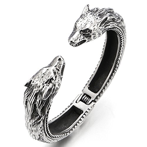 Retro Style Stainless Steel Mens Wolf Head Cuff Bangle Bracelet with Spring Closure