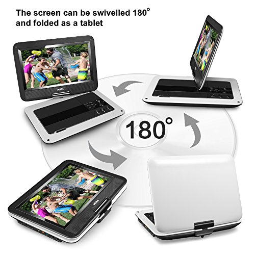 UEME 10.1" Portable DVD Player CD Player with Car Headrest Holder, Swivel Screen Remote Control Rechargeable Battery Car Charger, Personal DVD Player PD-1010 (White)