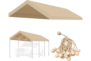 Vanteriam 10'x20' Upgraded Carport Replacement Top Canopy Cover for Car Garage Shelter Tent Party Tent with Ball Bungees Beige (Only Top Cover, Frame is not Included)