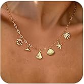 SELSHE Charm Necklace for Women,Dainty 14K Gold Plated Starfish Seashell Necklace Simple Gold Beach Necklaces for Women Trendy Beach Jewelry
