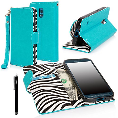 Samsung Galaxy S5 SPORT Case - E LV Deluxe PU Leather Wallet Flip Case with Zebra Print Interior for Galaxy S5 SPORT and 1 Stylus (Blue)