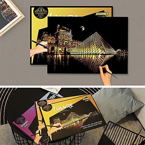 Scratch & Sketch Art Paper(16"x 11.2") for Kids & Adults, Rainbow Painting Night View Scratchboard, Painting Gift, Craft Kits : 2 Sheets Scratch Cards & Drawing Pen, Clean Brush (Paris & Louvre) - Thumbnail 3