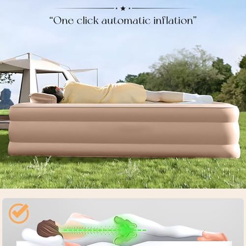 Single Air Mattress with Built-in Pump, Portable Inflatable Bed, Blow Up Mattress for Camping Travel Home Guests, 191 * 100 * 40Cm Beige