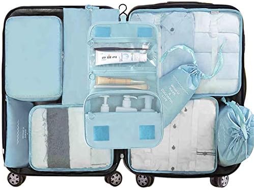 Belsmi 9 Set Packing Cubes With Shoe Bag - Compression Travel Luggage Organizer (9pcs Blue)