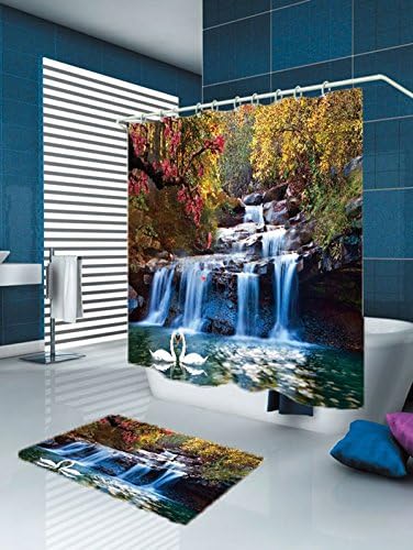 LANGYS 3D Waterproof Polyester Bath Curtain Bathroom Partition Curtain Cloth Bathroom Decoration Swan Bath Curtain and Carpets