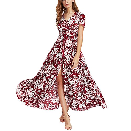 Womens Bohemian Button Up Floral Print Beach Maxi Dresses (XX-Large, 1-Wine Red)