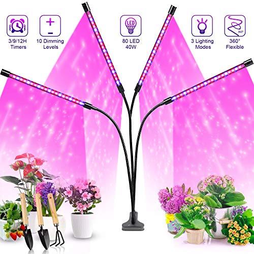 Grow Lights Plant Lights for Indoor Plants, Semai 40W 80 LED Lamp Bulbs, Growing Lamp For Plants Growth with 3/9/12H Timer 10 Dimmable Level 3 Switch Red/Blue Modes Full Spectrum, Adjustable Gooseneck