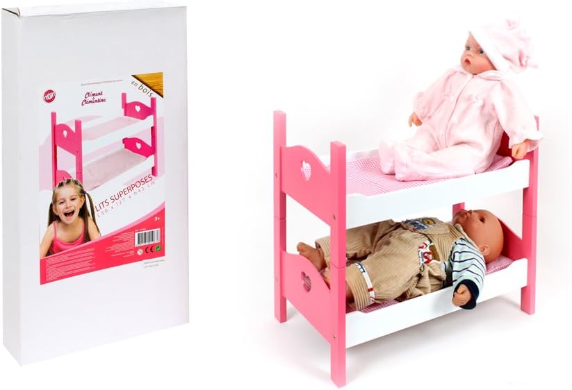 MGM – 101063 – Doll's Furniture – 2 Wooden Beds Triple-Layer Dolls White and Pink
