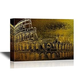 Vacation in Europe Canvas Wall Art - The Ancient Colosseum in Rome - Landmarks in Golden Color Gallery Wrap Modern Home Art | Ready to Hang - 12x18 inches