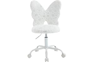 LZAREAL Cute Fuzzy Kids Chair for Teenage Girls Rolling Study Desk Student Chair Furry Computer Task Chair, Adjustable Butterfly Shaped Reading Vanity Chair for Bedroom, White