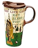Cypress Home Eat, Sleep, Fish Ceramic Travel Coffee Mug, 17 ounces
