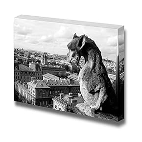 Canvas Prints Wall Art - Gargoyley Against Paris, Black-and-White | Modern Wall Decor/Home Decoration Stretched Gallery Canvas Wrap Giclee Print. Ready to Hang - 12" x 18"