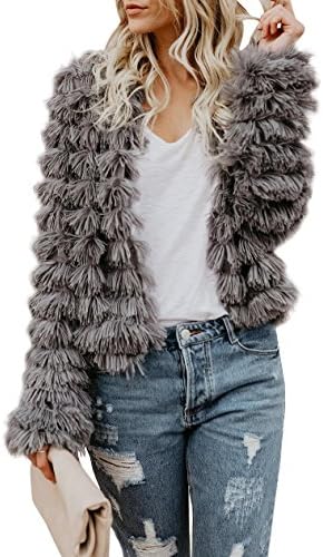 Jeanewpole1 Women Faux Fur Jacket Coat Open Front Fluffy Vintage Parka Shaggy Cardigan