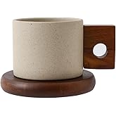 Tvvtuww Ceramic Coffee Cup Mug and Acacia Wooden Saucer Set, 8 oz Ceramic Cup for Espresso Latte Cappuccino Tea, Wooden Handle Mug Set Unglazed Porcelain Arty Mug (Natural Earthiness Finish)