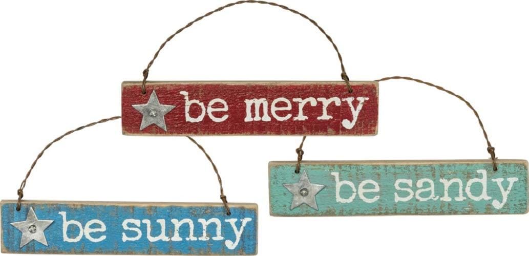 Primitives by KathyHanging Wooden Christmas Ornament Set, Be Merry, Sandy & Sunny