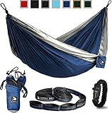 Flagship-X Double Camping Hammock with Tree Straps and survival bracelet fire starter. For backpacking, 2 person travel hammock. (Blue & Grey)