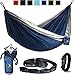 Flagship-X Double Camping Hammock with Tree Straps and survival bracelet fire starter. For backpacking, 2 person travel hammock. (Blue & Grey)