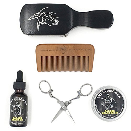 Badass Beard Care Badass Beard Essentials Kit for Men Consists of 1oz Beard Oil, 2oz Beard Balm or 2oz Beard Wax, Boars Hair Beard Brush, Wood Beard Comb & Beard and Mustache Trimming Scissors