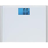 EatSmart Precision Plus Digital Bathroom Scale - Wide Body Tempered Glass Platform, 440 lb Capacity, Blue Backlit LCD Display, White