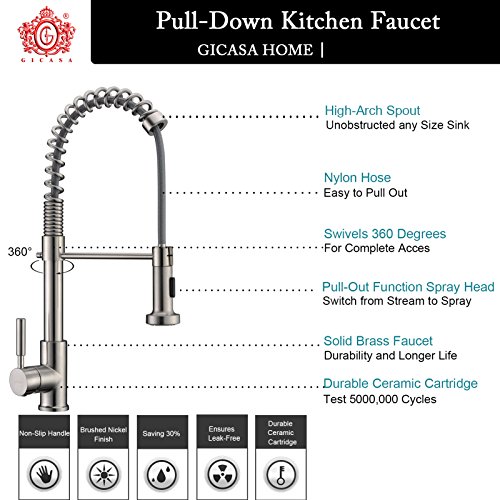 GICASA Upgraded Version Solid Brass Commercial Style Single Handle Pull Out Sprayer Kitchen faucet, Brushed Nickel Stainless Steel Pull Down Kitchen Sink Faucets