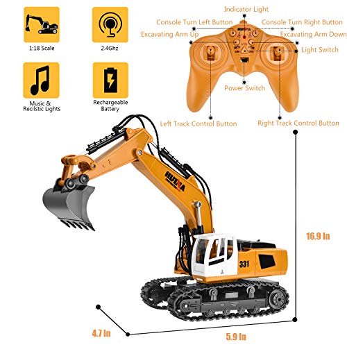 Yuboa Remote Control Excavator RC Truck Toy,Remote Control Truck with Metal Shovel Construction Vehicle Alloy RC Excavator Gift for Kid Boys Yellow - Thumbnail 3