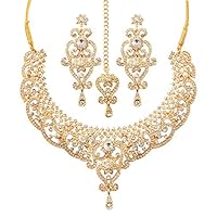 Touchstone gold tone royal Indian bollywood white rhinestones grand bridal jewelry necklace for women