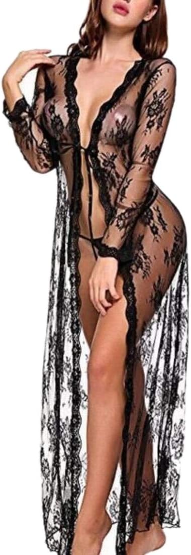 dahuo Women Lingerie Lace Long Dress Sheer Gown See Through Kimono Robe