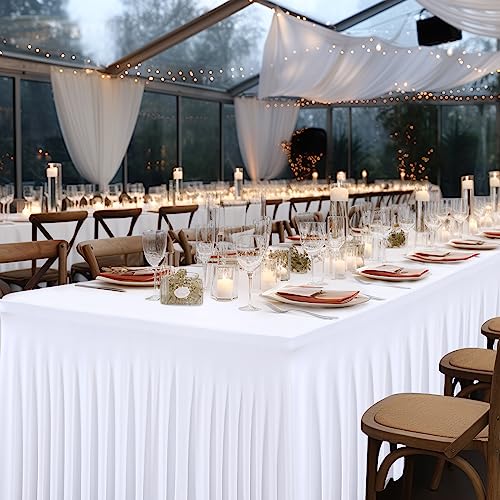 6 Packs White Table Clothes for 6 Foot Rectangle Tables, One-Piece Wrinkle Resistant Stretch Spandex Table Covers with Skirt for Event Banquet Wedding Birthday Party