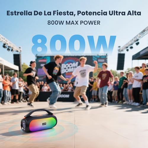 AUDISHAKO Bocina Bluetooth ADS-800, Bocina Portátil Impermeable IPX5 con RGB Boombox, Mango Iluminado, 800W, 3 Modos EQ, Recargable, USB/AUX/TF para Viaje, Fiesta y Hogar