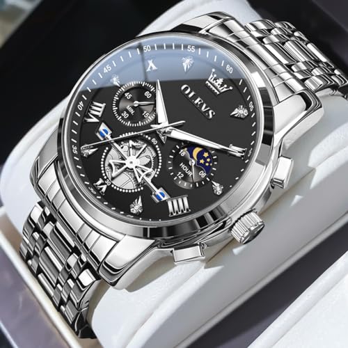 OLEVS Men Silver Watches,Men's Stainless Steel Chronograph Watch,Man Analog Quartz Big Face Male Watches Luxury Waterproof Roman Numeral Dress Diamond Relojes para Hombre
