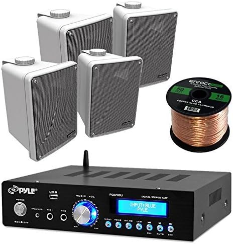 Amp And Speaker Combo Packge: Pyle PDA5BU Bluetooth Radio USB AUX Amplifier Stereo Receiver Bundle With 2x Kicker KB6000B 6.5" Full Range Bookshelf Waterproof Speaker + Enrock 50ft 16g Speaker Wire
