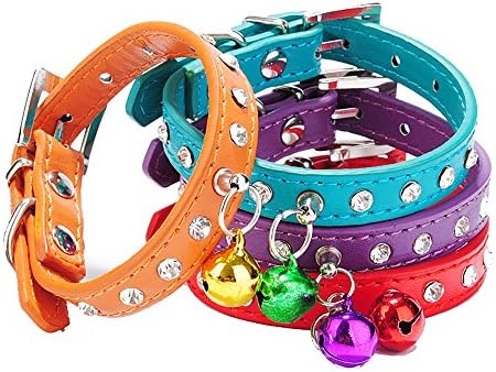 WIN,1/2 Pcs Handmade Shiny Diamonds Pet Colorful Teddy Neck Collar Import PU Leather Bell Collar Small &amp; Medium Pet Dog Cats Collar Sparkly Crystal