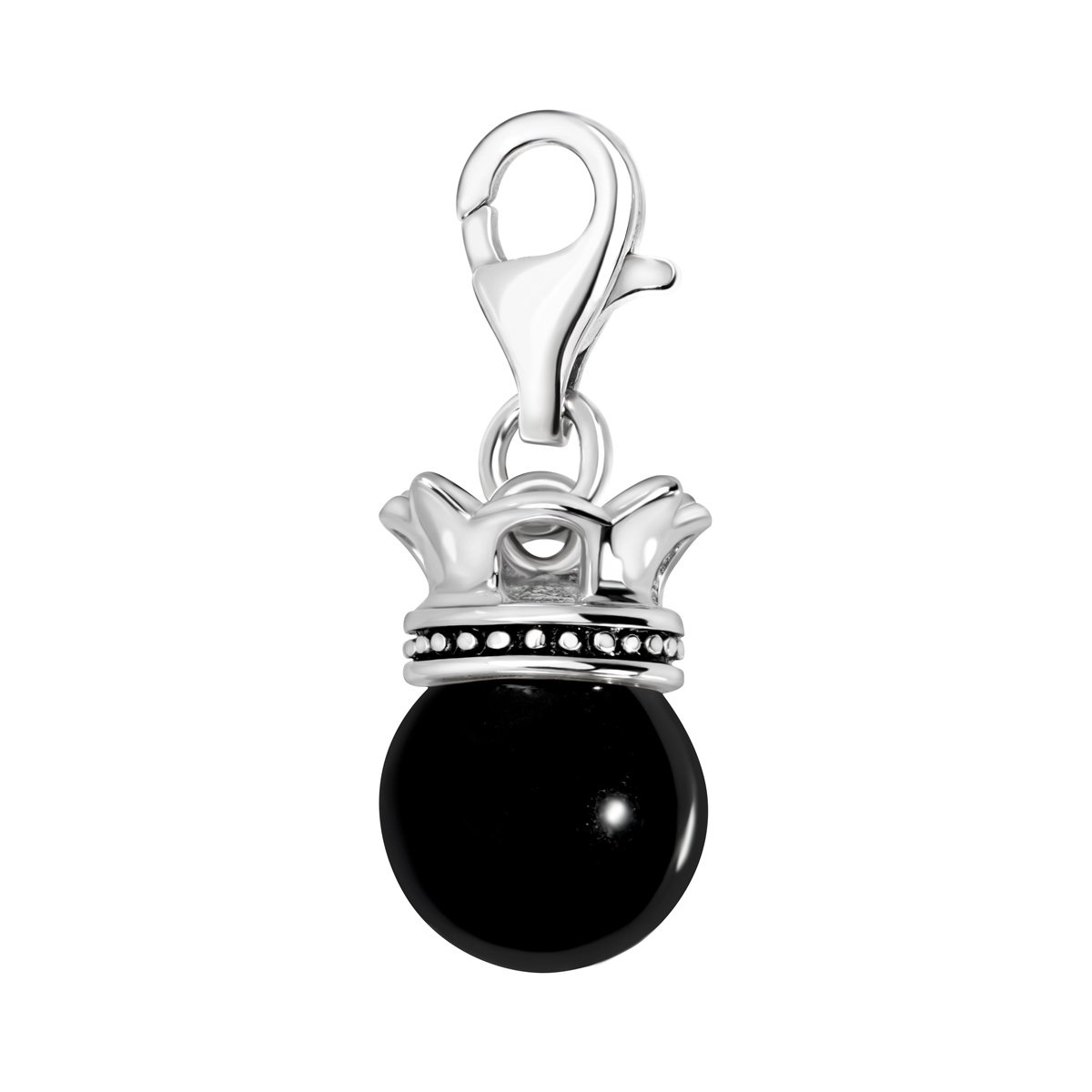 Quiges 925 Sterling Silver Black Imitation Pearl with Crown Lobster Clasp Charm Clip on Pendant
