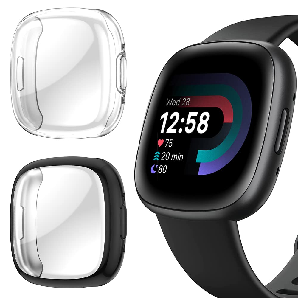 Niboow Case [2 Pack] for Fitbit Versa 4 / Sense 2, with Screen Protector, Flexible TPU Shockproof Scratch Proof Cover Case for Fitbit Versa 4 / Sense 2 - Black + Transparent