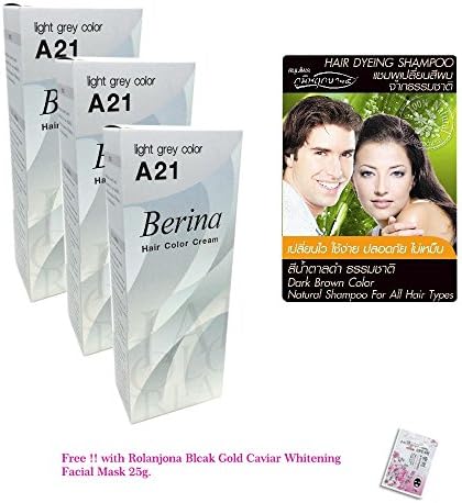 SET 3 UNITS OF BERINA A21 LIGHT GREY SILVER PERMANENT HAIR DYE COLOR CREAM UNISEX PUNK STYLE[GET FREE TOMATO FACIAL MASK]
