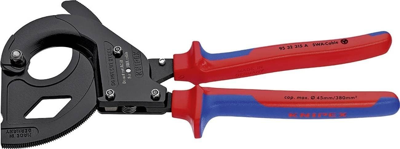 KNIPEX Cable Cutter (Ratchet Action) for Steel Wire Armoured Cables (SWA Cable) in Blister Black Lacquered with Multi-Component Handles, 95 32 315 A