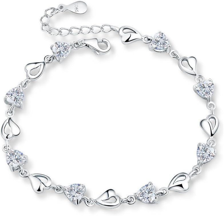 Sterling Silver Multiple Hearts Link Chain Bracelet, Adjustable, Great Gift for Women