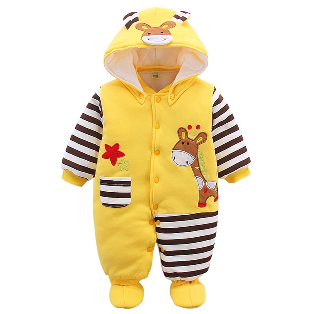 Minizone Baby Hooded Winter Rompers, Boys Snowsuit with Footies and Hat Winter Outfits Jumpsuit Cotton Overall 1-3 Months, Giraffe