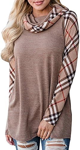 Qlassic Womens Cowl Neck Sweatshirt Pullover Shirts Long Sleeve Plaid Raglan Tunic Tops