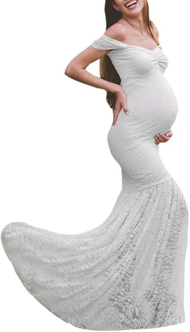 maternity solid white lace off shoulder dress