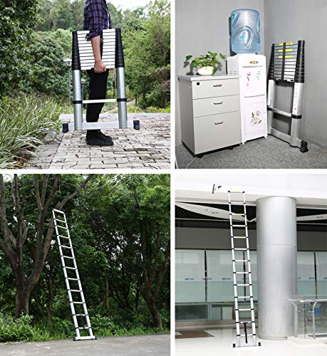 AODI Aluminum Telescoping Ladder with Stabilizer Bar, Telescopic Extension Multi Purpose Ladders Portable EN131 Certified for Industrial Household Daily (12.5 FT and 330 LB)