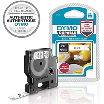 DYMO D1 Durable Labeling Tape for LabelManager Label Makers, Black Print on White Tape, 1/2