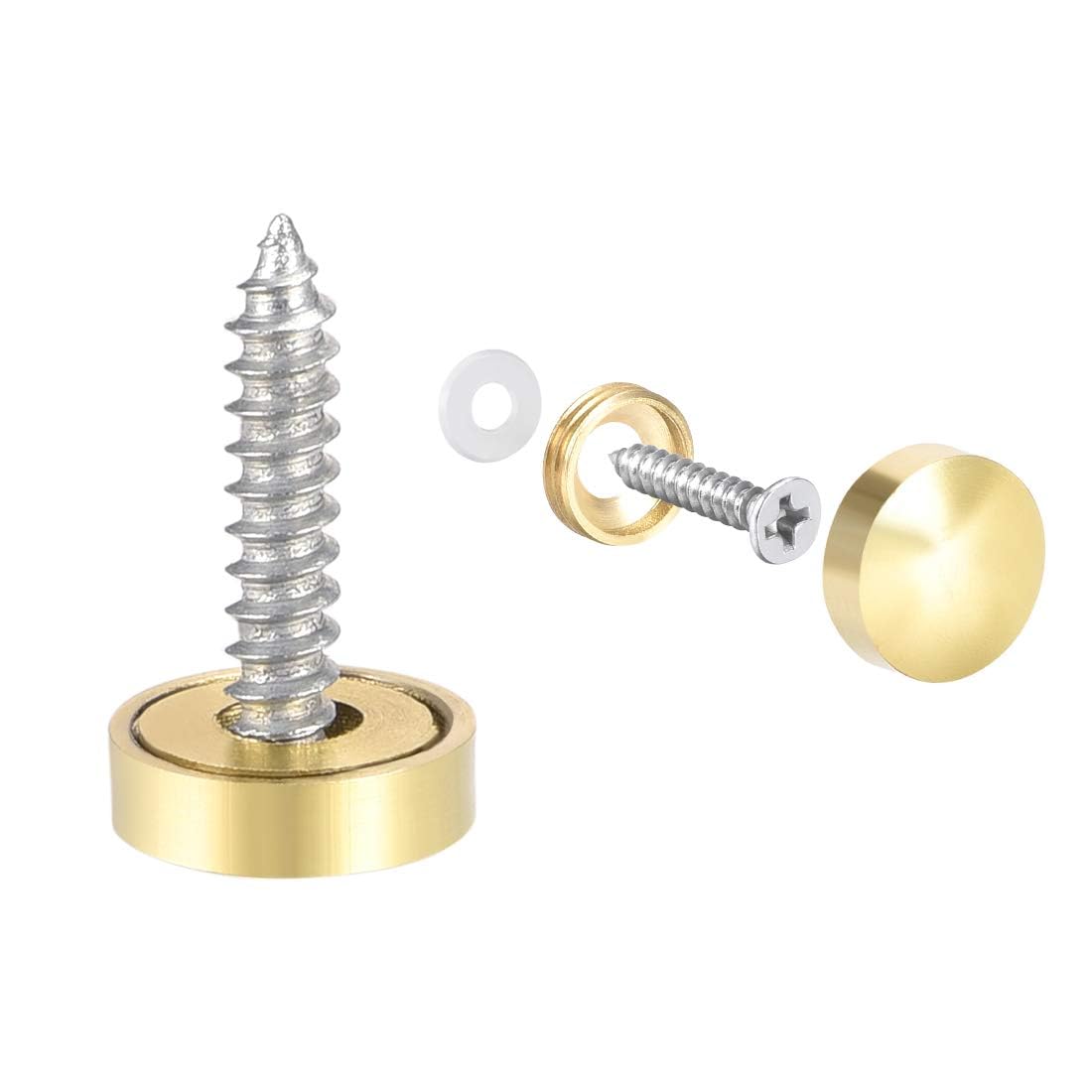 TOP-VIGOR 4Pcs Mirror Screws, 12mm brass Mirror Screws Cap Nail with Washers, Decorative Cap Covers Polished Mirror Nails for Mirrors, Furniture Fittings, Wardrobes, Glass, Gold