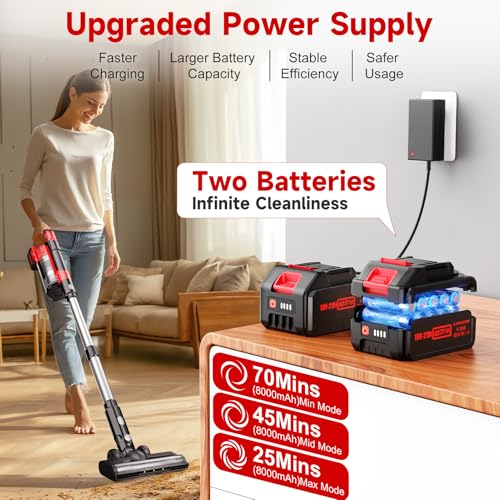 700W Cordless Vacuum Cleaner, 2×4000mAh Brushless Vacuum Cleaners for Home, 6 in 1 Lightweight Stick Vacuum 60kPa, 3 Suction, Portable Handheld Cordless Vacuum for Pet Hair/Hardwood Floor/Dorm Red