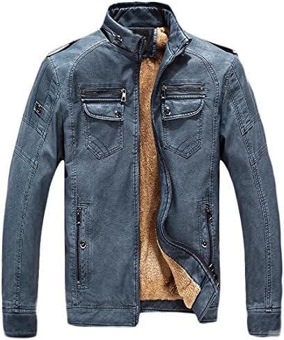 Papijam Mens Fleece Full Zip Faux Leather Short Biker Coat Jacket Denim Blue M