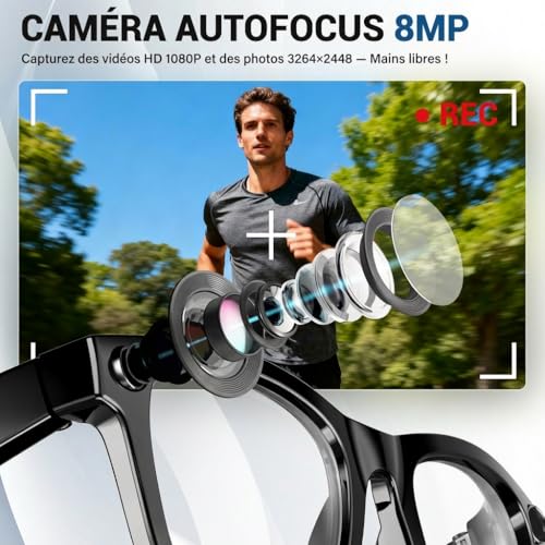 HD Camera Glasses, 8MP 1080P AI Connected Bezel, Dual Core Processor with AI Assistant for Real Time Translation, 410 Mah Offering 16 Hours of Battery Life, Wi-FI Bluetooth Smart Bezel
