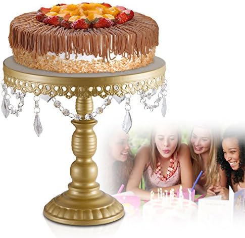 URANMOLE 18K Gold Antique Metal Cake Stand, Round Cupcake Stands, Wedding Birthday Party Dessert Cupcake Pedestal/Display/Plate with Crystals and Beads(L:12X11.5)