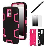 Galaxy S5, Galaxy S5 Case - E LV Shock-Absorption / High Impact Resistant Hybrid Dual Layer Armor Defender Full Body Protective Case Cover (Hard Plastic with Soft Silicon) for Galaxy S5 / Galaxy SV / Galaxy S V / Galaxy i9600 with 1 Black Stylus, 1 Screen Protector and 1 E LV Microfiber Sticker Digital Cleaner - Black / Hot Pink